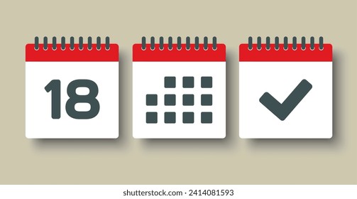 Set vector icons page calendar - day 18, mark done, agenda app. Mark business, deadline, date icon. Pictogram yes, success, check, approved, confirm and reminder. Date schedule