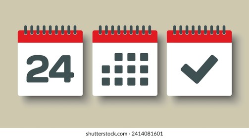 Establecer el calendario de la página de iconos vectoriales - día 24, marca hecha, aplicación agenda. Marcar negocio, fecha límite, icono de fecha. Pictograma sí, éxito, comprobación, aprobación, confirmación y recordatorio. Calendario de fechas