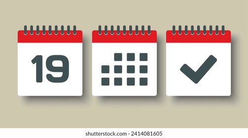 Establecer el calendario de la página de iconos vectoriales - día 19, marca hecha, aplicación agenda. Marcar negocio, fecha límite, icono de fecha. Pictograma sí, éxito, comprobación, aprobación, confirmación y recordatorio. Calendario de fechas