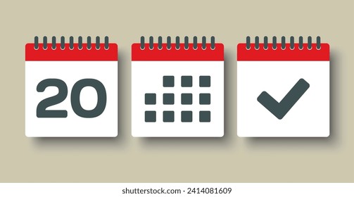 Establecer el calendario de la página de iconos vectoriales - día 20, marca hecha, aplicación agenda. Marcar negocio, fecha límite, icono de fecha. Pictograma sí, éxito, comprobación, aprobación, confirmación y recordatorio. Calendario de fechas