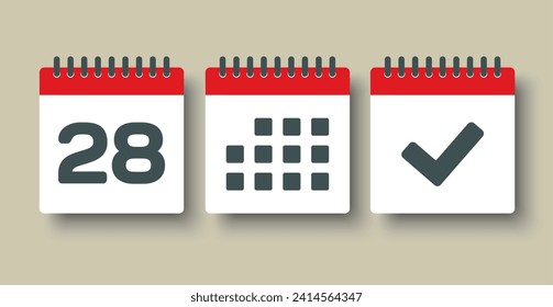 Establecer el calendario de la página de iconos vectoriales - día 28, marca hecha, aplicación agenda. Marcar negocio, fecha límite, icono de fecha. Pictograma sí, éxito, comprobación, aprobación, confirmación y recordatorio. Calendario de fechas