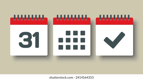 Establecer el calendario de la página de iconos vectoriales - día 31, marca hecha, aplicación agenda. Marcar negocio, fecha límite, icono de fecha. Pictograma sí, éxito, comprobación, aprobación, confirmación y recordatorio. Calendario de fechas