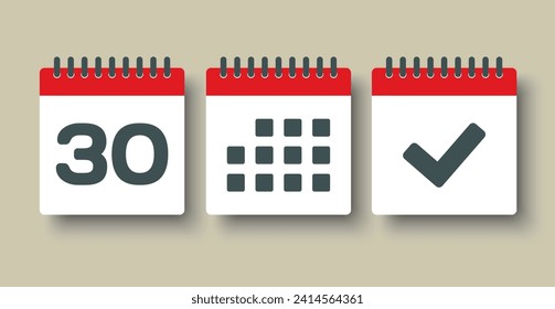 Establecer el calendario de la página de iconos vectoriales - día 30, marca hecha, aplicación agenda. Marcar negocio, fecha límite, icono de fecha. Pictograma sí, éxito, comprobación, aprobación, confirmación y recordatorio. Calendario de fechas