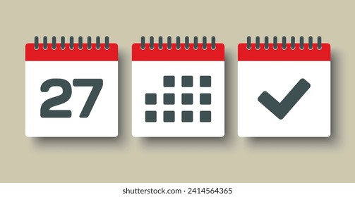 Set vector icons page calendar - day 27, mark done, agenda app. Mark business, deadline, date icon. Pictogram yes, success, check, approved, confirm and reminder. Date schedule svg
