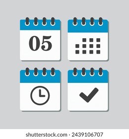 Establecer el calendario de la página de iconos vectoriales - número 5, aplicación de la agenda, temporizador, marca hecha. Sí, correcto, comprobar, aprobado, confirmar recordatorio y programación. Hora, reloj y recordatorio