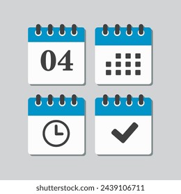 Set vector icons page calendar - number 4, agenda app, timer, mark done. Yes, success, check, approved, confirm reminder and schedule. Time, clock and reminder