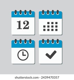 Establecer el calendario de la página de iconos vectoriales - número 12, aplicación de la agenda, temporizador, marca hecha. Sí, correcto, comprobar, aprobado, confirmar recordatorio y programación. Hora, reloj y recordatorio