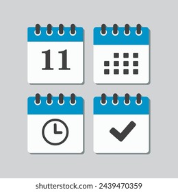 Set vector icons page calendar - number 11, agenda app, timer, mark done. Yes, success, check, approved, confirm reminder and schedule. Time, clock and reminder