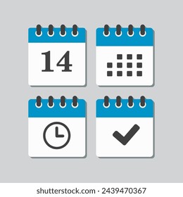 Set vector icons page calendar - number 14, agenda app, timer, mark done. Yes, success, check, approved, confirm reminder and schedule. Time, clock and reminder