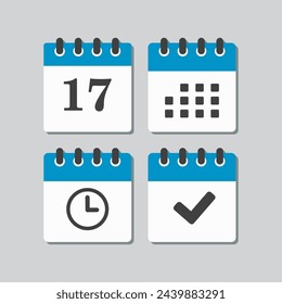 Establecer el calendario de la página de iconos vectoriales - número 17, aplicación de la agenda, temporizador, marca hecha. Sí, correcto, comprobar, aprobado, confirmar recordatorio y programación. Hora, reloj y recordatorio