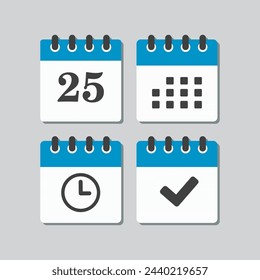 Establecer el calendario de la página de iconos vectoriales - número 25, aplicación de la agenda, temporizador, marca hecha. Sí, correcto, comprobar, aprobado, confirmar recordatorio y programación. Hora, reloj y recordatorio