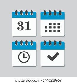 Set Vektor-Icons Seite Kalender - Nummer 31, Agenda-App, Timer, Markierung fertig. Ja, Erfolg, Prüfung, Genehmigung, Bestätigung von Erinnerung und Zeitplan. Uhrzeit, Uhrzeit und Erinnerung