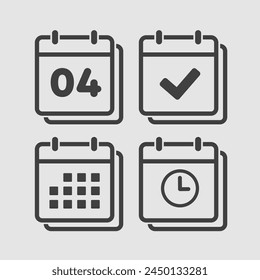 Establecer el calendario de la página de iconos vectoriales - número 4, App de la agenda, temporizador, marca hecho. Sí, correcto, comprobar, aprobado, confirmar recordatorio y programación. Hora, reloj y recordatorio