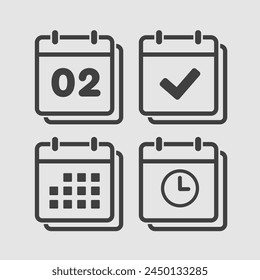 Set vector icons page calendar - number 2, agenda app, timer, mark done. Yes, success, check, approved, confirm reminder and schedule. Time, clock and reminder