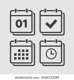 Set vector icons page calendar - number 1, agenda app, timer, mark done. Yes, success, check, approved, confirm reminder and schedule. Time, clock and reminder