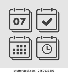 Set vector icons page calendar - number 7, agenda app, timer, mark done. Yes, success, check, approved, confirm reminder and schedule. Time, clock and reminder