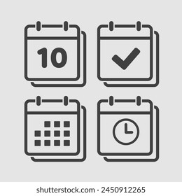 Set vector icons page calendar - number 10, agenda app, timer, mark done. Yes, success, check, approved, confirm reminder and schedule. Time, clock and reminder