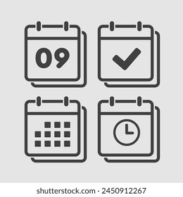 Vektor-Icons Seite Kalender - Nummer 9, Agenda-App, Timer, Markierung fertig. Ja, Erfolg, Prüfung, Genehmigung, Bestätigung von Erinnerung und Zeitplan. Uhrzeit, Uhrzeit und Erinnerung