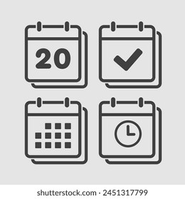 Set Vektor-Icons Seite Kalender - Nummer 20, Agenda-App, Timer, Markierung fertig. Ja, Erfolg, Prüfung, Genehmigung, Bestätigung von Erinnerung und Zeitplan. Uhrzeit, Uhrzeit und Erinnerung