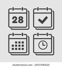 Establecer el calendario de la página de iconos vectoriales - número 28, App de la agenda, temporizador, marca hecha. Sí, correcto, comprobar, aprobado, confirmar recordatorio y programación. Hora, reloj y recordatorio