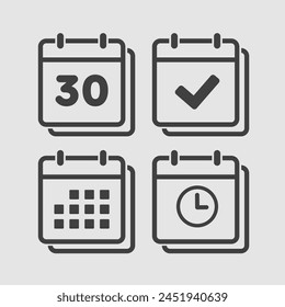 Set Vektor-Icons Seite Kalender - Nummer 30, Agenda-App, Timer, Markierung fertig. Ja, Erfolg, Prüfung, Genehmigung, Bestätigung von Erinnerung und Zeitplan. Uhrzeit, Uhrzeit und Erinnerung