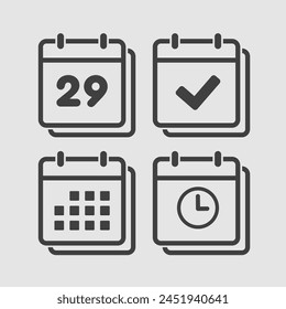 Set vector icons page calendar - number 29, agenda app, timer, mark done. Yes, success, check, approved, confirm reminder and schedule. Time, clock and reminder