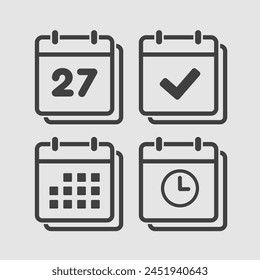 Establecer el calendario de la página de iconos vectoriales - número 27, App de la agenda, temporizador, marca hecha. Sí, correcto, comprobar, aprobado, confirmar recordatorio y programación. Hora, reloj y recordatorio