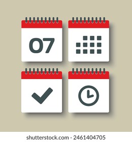 Set vector icons page calendar - day 7, mark done, agenda app, timer. Mark business, deadline, date icon. Pictogram yes, success, check, approved, confirm and reminder. Time, countdown and reminder