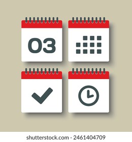Set vector icons page calendar - day 3, mark done, agenda app, timer. Mark business, deadline, date icon. Pictogram yes, success, check, approved, confirm and reminder. Time, countdown and reminder