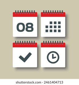 Set vector icons page calendar - day 8, mark done, agenda app, timer. Mark business, deadline, date icon. Pictogram yes, success, check, approved, confirm and reminder. Time, countdown and reminder