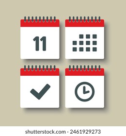Set vector icons page calendar - day 11, mark done, agenda app, timer. Mark business, deadline, date icon. Pictogram yes, success, check, approved, confirm and reminder. Time, countdown and reminder