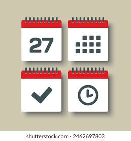 Set vector icons page calendar - day 27, mark done, agenda app, timer. Mark business, deadline, date icon. Pictogram yes, success, check, approved, confirm and reminder. Time, countdown and reminder