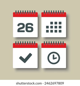 Set vector icons page calendar - day 26, mark done, agenda app, timer. Mark business, deadline, date icon. Pictogram yes, success, check, approved, confirm and reminder. Time, countdown and reminder