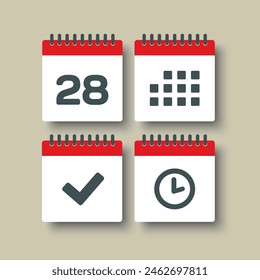 Establecer iconos vectoriales calendario de página - día 28, marca hecho, App de agenda, temporizador. Marcar negocio, fecha límite, icono de fecha. Pictograma sí, éxito, comprobar, aprobado, confirmar y recordatorio. Hora, cuenta atrás y recordatorio