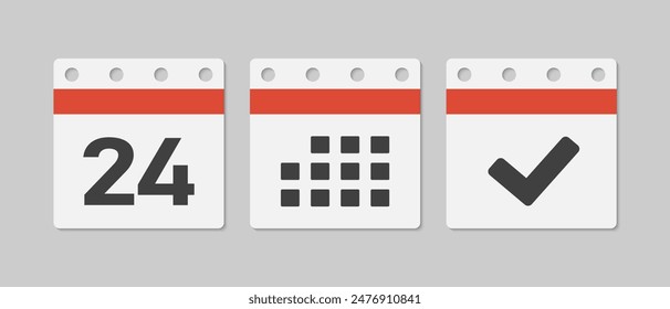 Set vector icons page calendar - day 24, mark done, agenda app. Mark business, deadline, date icon. Pictogram yes, success, check, approved, confirm and reminder. Date schedule