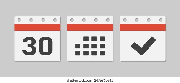 Set vector icons page calendar - day 30, mark done, agenda app. Mark business, deadline, date icon. Pictogram yes, success, check, approved, confirm and reminder. Date schedule