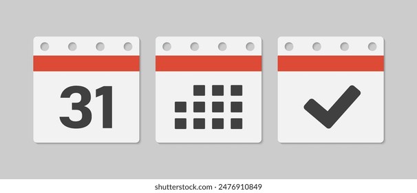 Set vector icons page calendar - day 31, mark done, agenda app. Mark business, deadline, date icon. Pictogram yes, success, check, approved, confirm and reminder. Date schedule