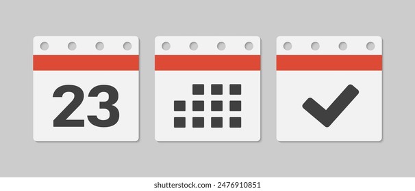 Establecer iconos vectoriales calendario de página - día 23, marca hecho, App de agenda. Marcar negocio, fecha límite, icono de fecha. Pictograma sí, éxito, comprobar, aprobado, confirmar y recordatorio. Programación de fechas