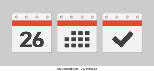 Vektor-Icons-Seitenkalender festlegen - Tag 26, fertig markieren, Agenda-App. Markieren Sie Geschäft, Termin, Datum-Symbol. Piktogramm ja, Erfolg, Prüfung, Genehmigung, Bestätigung und Erinnerung. Terminplan