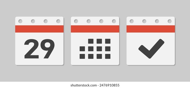 Establecer el calendario de la página de iconos vectoriales - día 29, marca hecha, App de la agenda. Marcar negocio, fecha límite, icono de fecha. Pictograma sí, éxito, comprobar, aprobado, confirmar y recordatorio. Programación de fechas