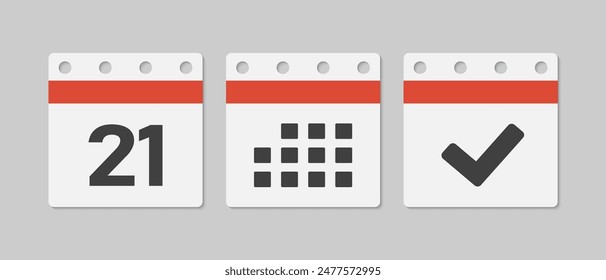 Set vector icons page calendar - day 21, mark done, agenda app. Mark business, deadline, date icon. Pictogram yes, success, check, approved, confirm and reminder. Date schedule