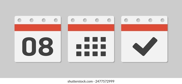 Set vector icons page calendar - day 8, mark done, agenda app. Mark business, deadline, date icon. Pictogram yes, success, check, approved, confirm and reminder. Date schedule