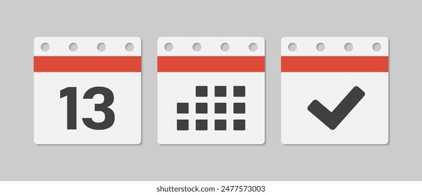 Set vector icons page calendar - day 13, mark done, agenda app. Mark business, deadline, date icon. Pictogram yes, success, check, approved, confirm and reminder. Date schedule