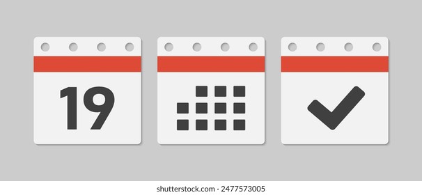 Vektor-Icons-Seitenkalender festlegen - Tag 19, fertig markieren, Agenda-App. Markieren Sie Geschäft, Termin, Datum-Symbol. Piktogramm ja, Erfolg, Prüfung, Genehmigung, Bestätigung und Erinnerung. Terminplan