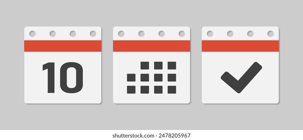 Set vector icons page calendar - day 10, mark done, agenda app. Mark business, deadline, date icon. Pictogram yes, success, check, approved, confirm and reminder. Date schedule