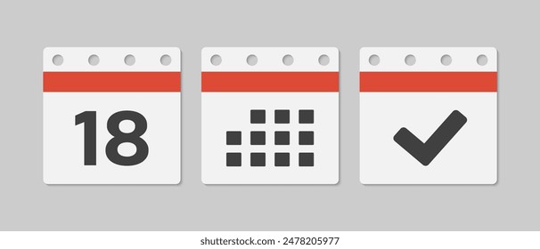 Set vector icons page calendar - day 18, mark done, agenda app. Mark business, deadline, date icon. Pictogram yes, success, check, approved, confirm and reminder. Date schedule