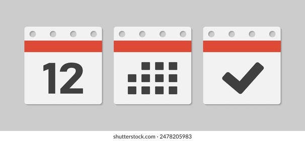 Set vector icons page calendar - day 12, mark done, agenda app. Mark business, deadline, date icon. Pictogram yes, success, check, approved, confirm and reminder. Date schedule