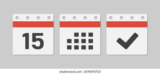 Set vector icons page calendar - day 15, mark done, agenda app. Mark business, deadline, date icon. Pictogram yes, success, check, approved, confirm and reminder. Date schedule
