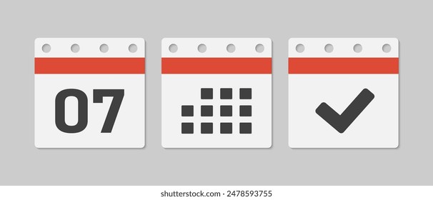 Set vector icons page calendar - day 7, mark done, agenda app. Mark business, deadline, date icon. Pictogram yes, success, check, approved, confirm and reminder. Date schedule