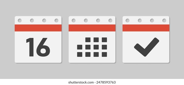 Set vector icons page calendar - day 16, mark done, agenda app. Mark business, deadline, date icon. Pictogram yes, success, check, approved, confirm and reminder. Date schedule